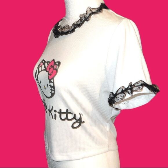 Shein/ hello kitty white ribbed crop top with black lace trim! New - Picture 4 of 9
